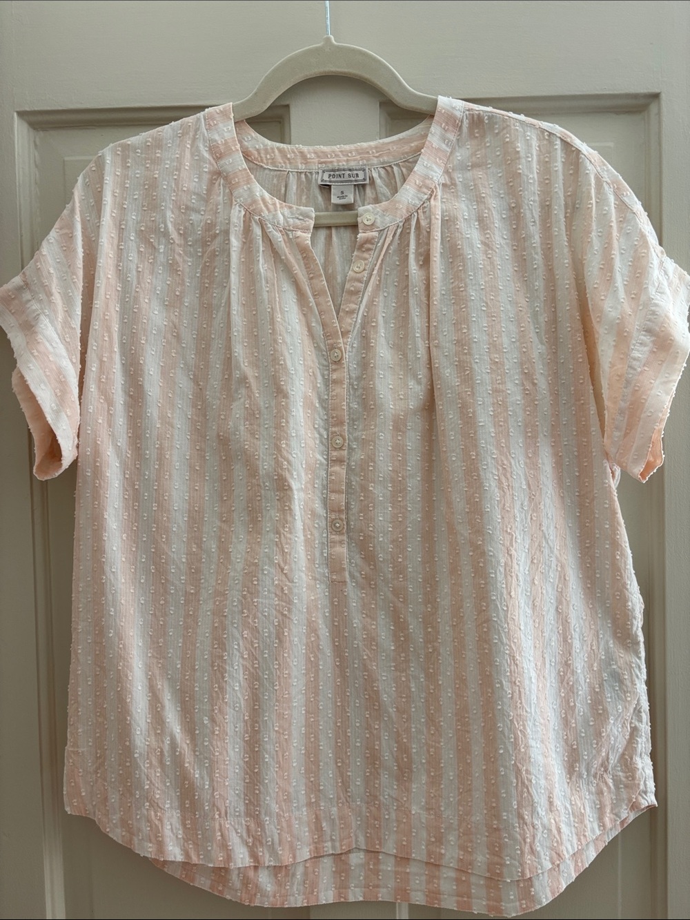 Light Pink Striped Short-Sleeve Button Henley Blouse